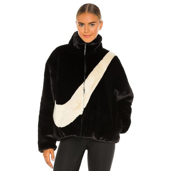 Nike NSW Plush Black Swoosh Check Faux Fur Teddy Oversized Jacket XS - Picture 1 of 5